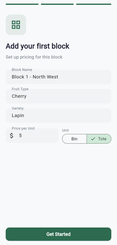 HarvestTrack screen for adding a new block with fruit type and pricing