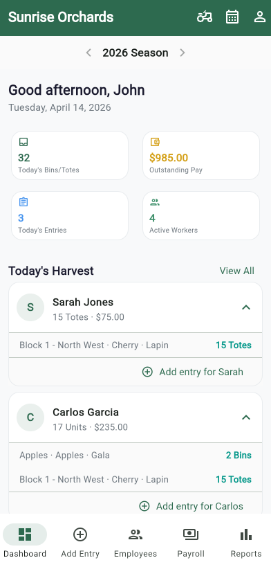 HarvestTrack dashboard showing today's harvest activity and recent entries