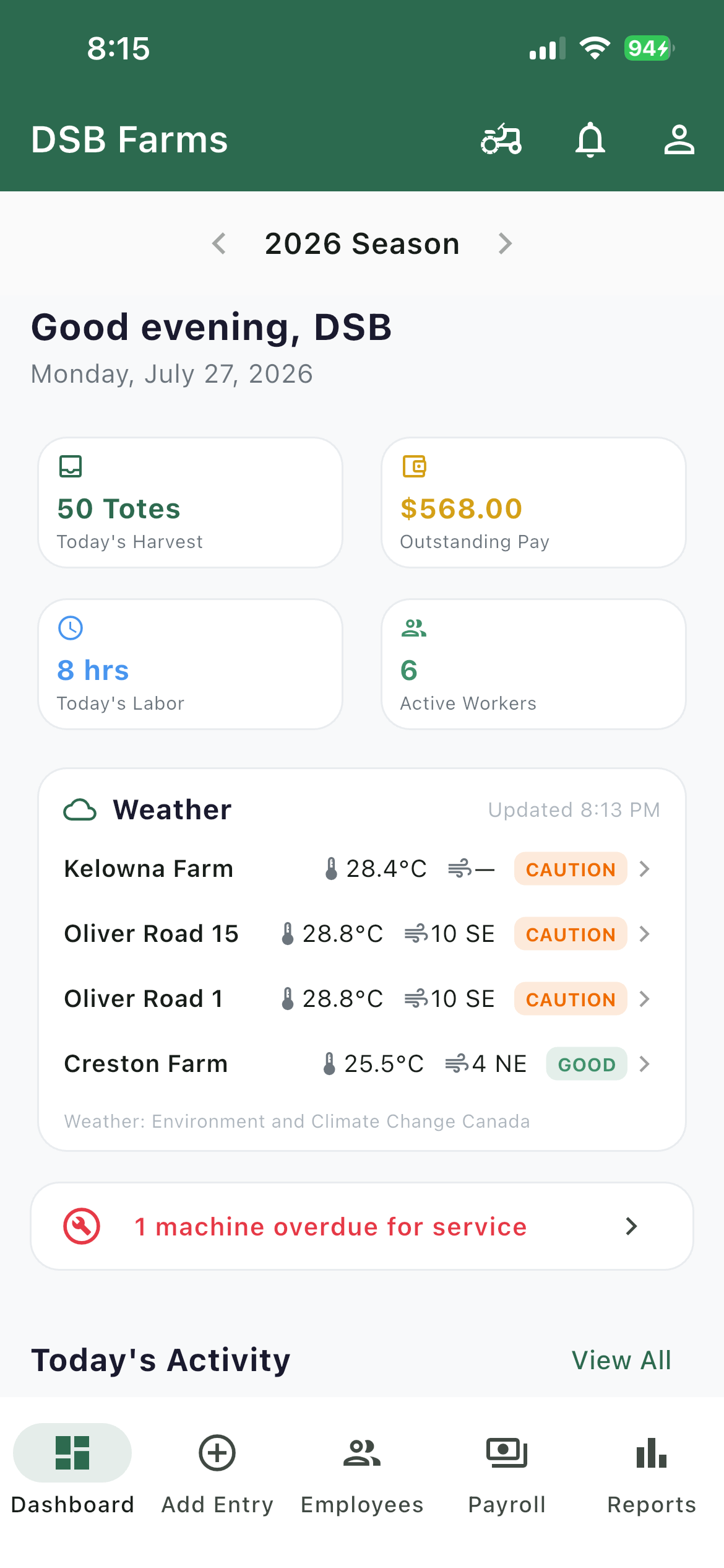 HarvestTrack dashboard on a phone — daily harvest, payroll, weather and equipment at a glance