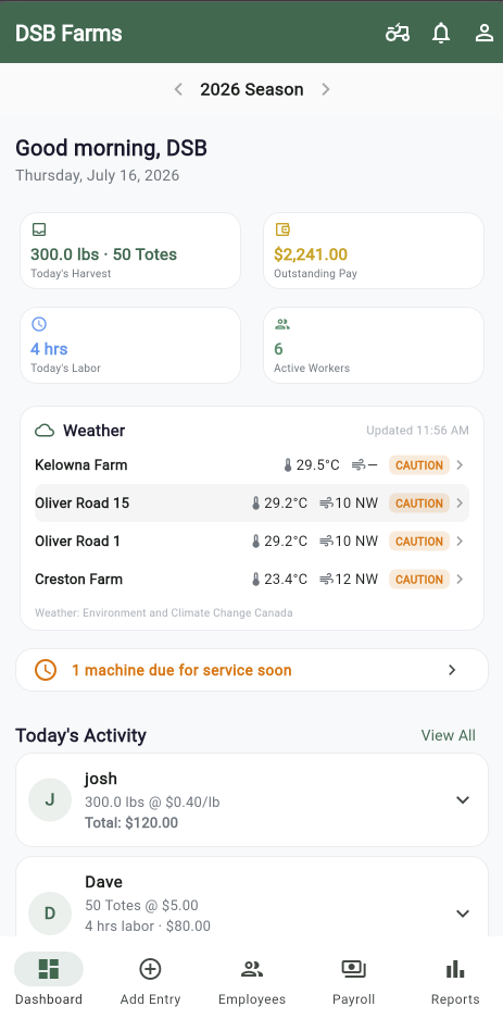 HarvestTrack on a phone in the field